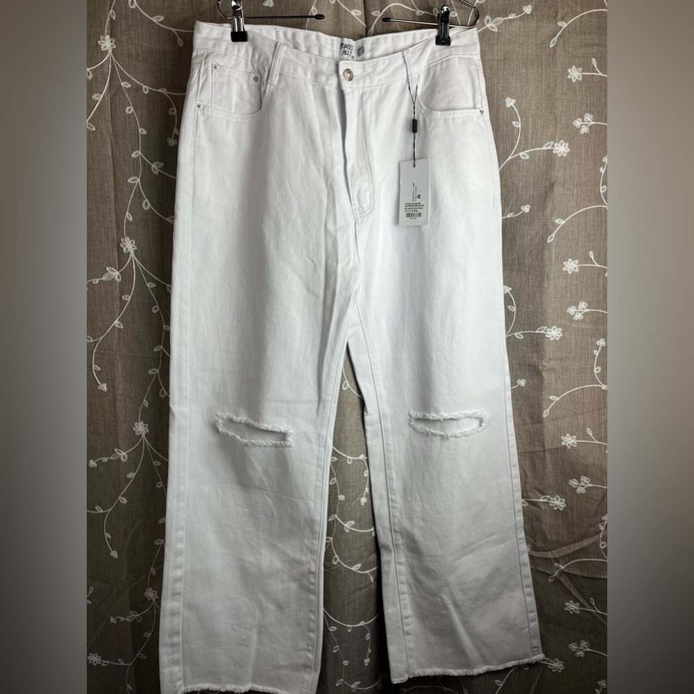 Princess Polly Womens High Rise Cece Hammer Wide Leg Rip Knee White Jeans Sz 12